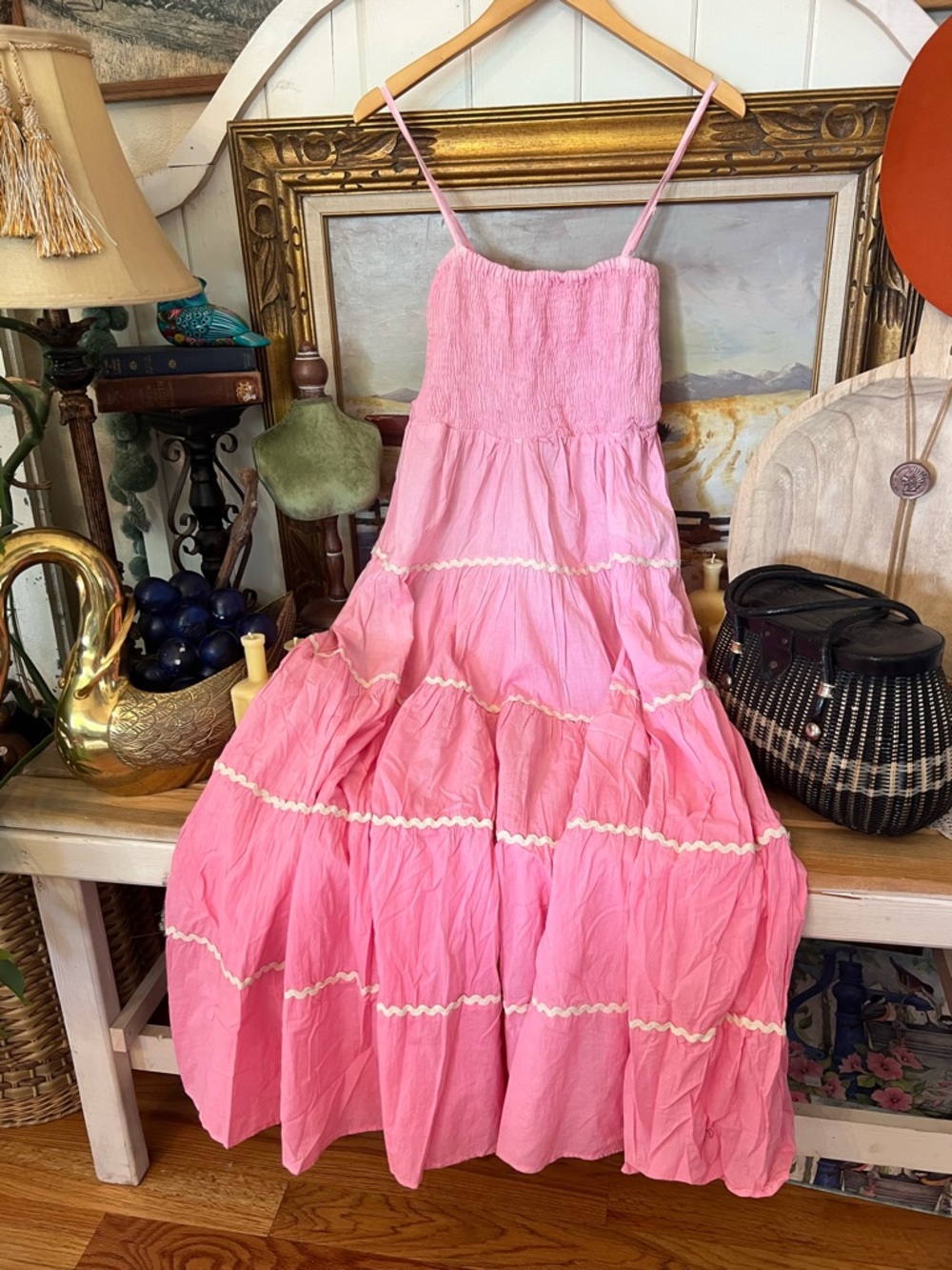 New! The “Dolly” Smocked Pink And White Ric Rack Ribbon Trimmed Summer Dress - Picture 6 of 7